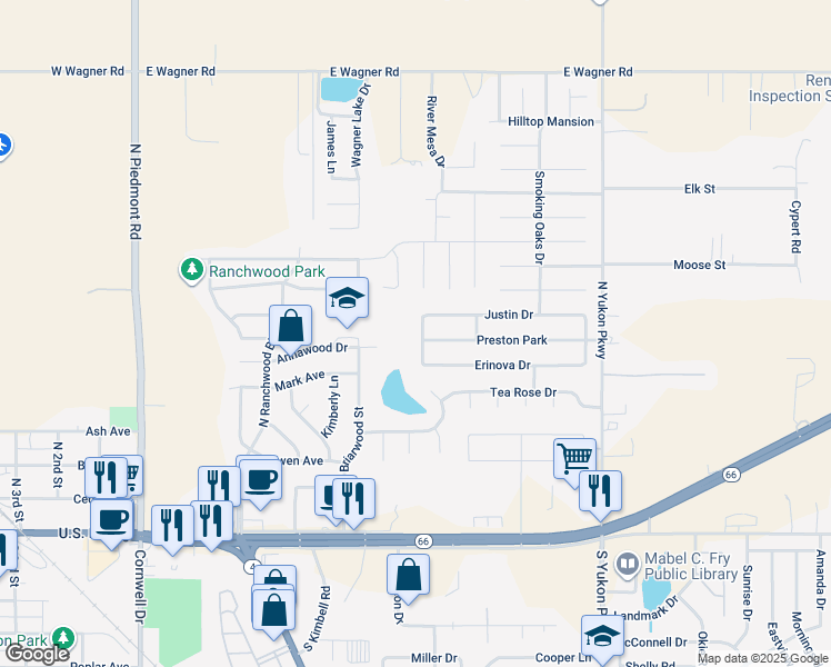 map of restaurants, bars, coffee shops, grocery stores, and more near 615 Annawood Drive in Yukon