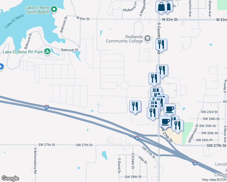 map of restaurants, bars, coffee shops, grocery stores, and more near 1757 Palomino Drive in El Reno