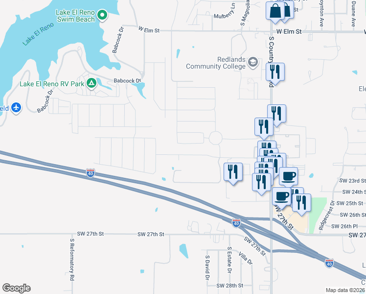 map of restaurants, bars, coffee shops, grocery stores, and more near 1852 Cypress Lane in El Reno