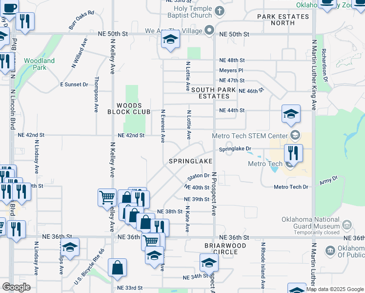 map of restaurants, bars, coffee shops, grocery stores, and more near 1304 Campbell Road in Oklahoma City