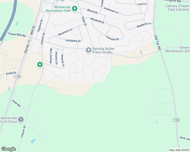 map of restaurants, bars, coffee shops, grocery stores, and more near 2954 Oakwood Drive in Winterville