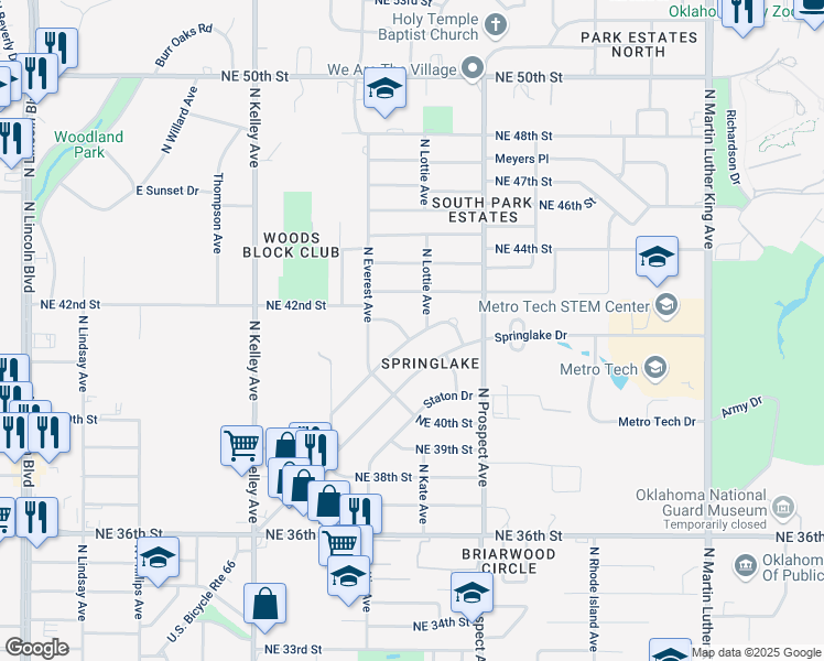 map of restaurants, bars, coffee shops, grocery stores, and more near 1304 Campbell Road in Oklahoma City