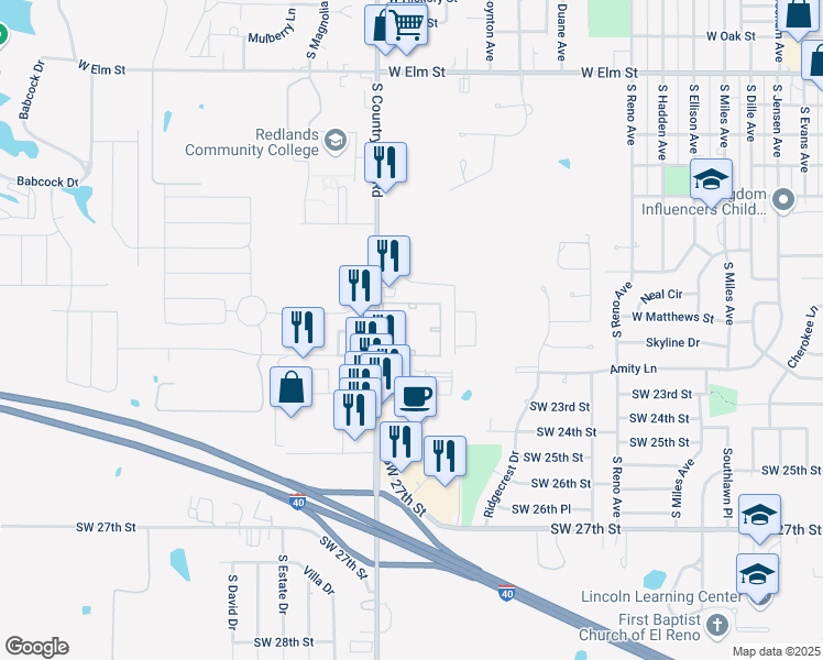 map of restaurants, bars, coffee shops, grocery stores, and more near 2001 South Country Club Road in El Reno