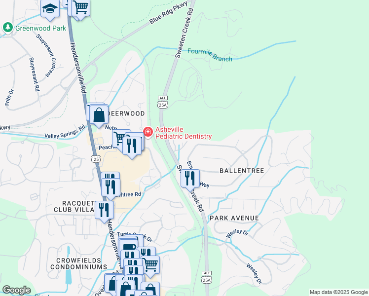 map of restaurants, bars, coffee shops, grocery stores, and more near 75 Hollybrook Drive in Asheville