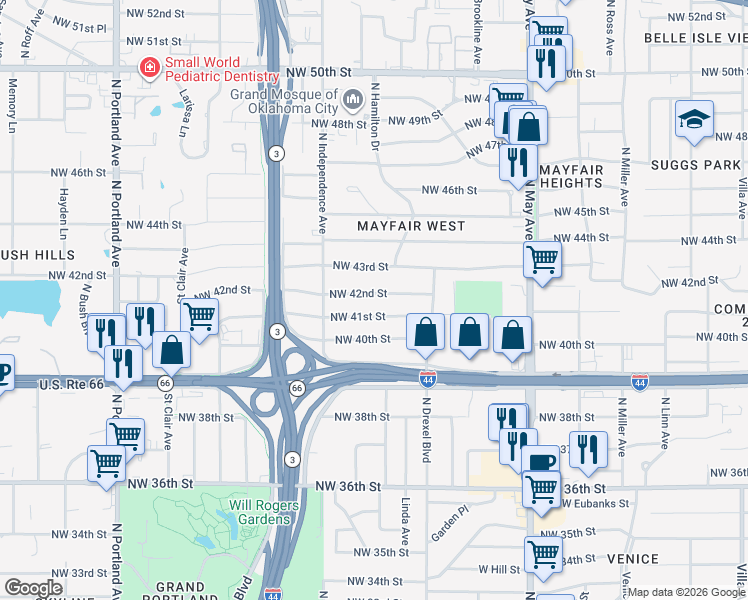 map of restaurants, bars, coffee shops, grocery stores, and more near 3151 Northwest 41st Street in Oklahoma City