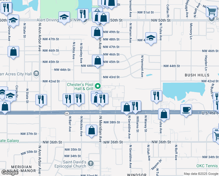 map of restaurants, bars, coffee shops, grocery stores, and more near 4242 North Meridian Avenue in Oklahoma City