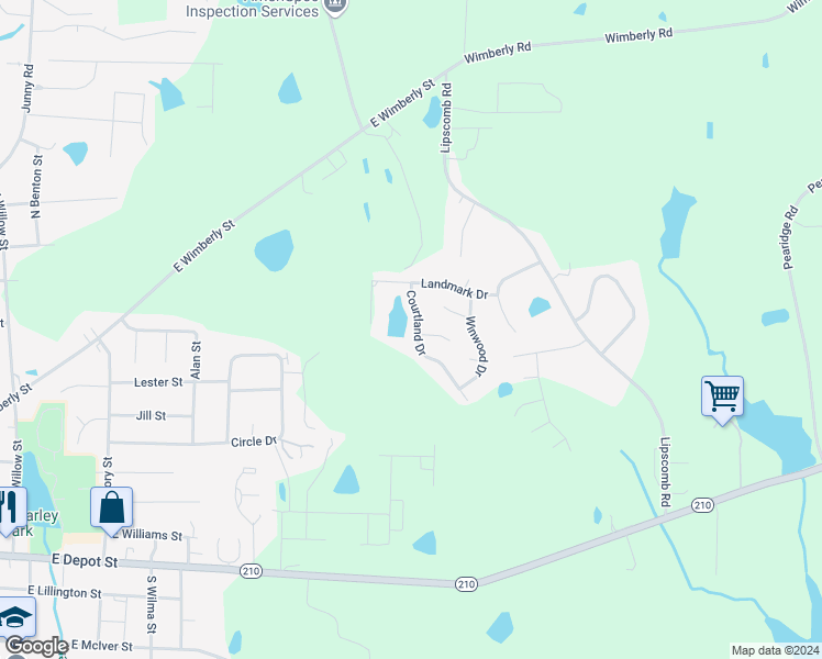 map of restaurants, bars, coffee shops, grocery stores, and more near 100 Courtland Drive in Angier