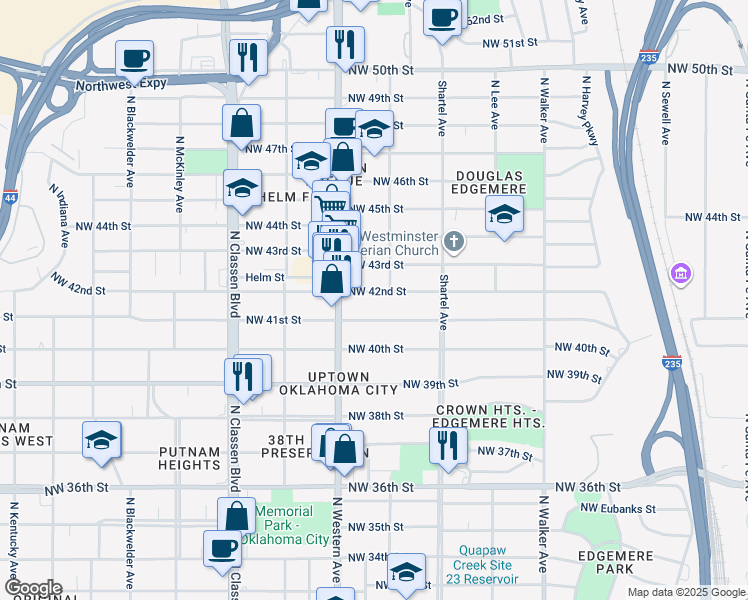 map of restaurants, bars, coffee shops, grocery stores, and more near 1001 Northwest 41st Street in Oklahoma City
