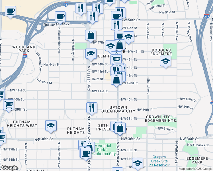 map of restaurants, bars, coffee shops, grocery stores, and more near 1139 Northwest 41st Street in Oklahoma City