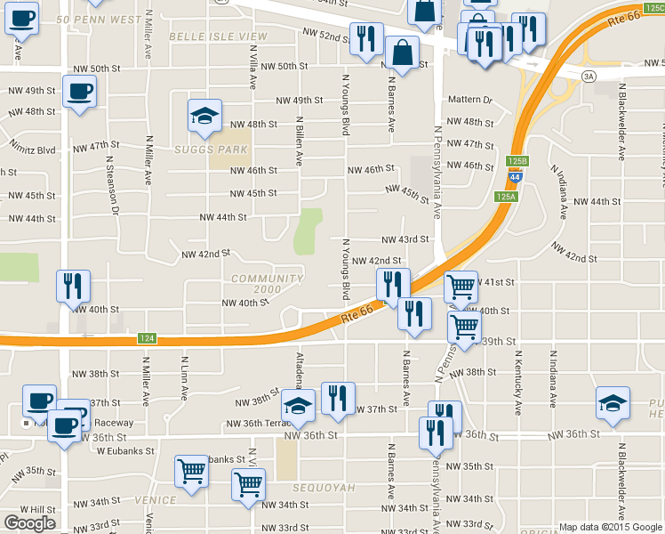 map of restaurants, bars, coffee shops, grocery stores, and more near 4201 North Youngs Boulevard in Oklahoma City