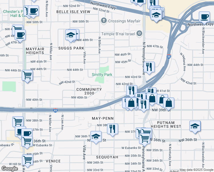 map of restaurants, bars, coffee shops, grocery stores, and more near 4201 North Youngs Boulevard in Oklahoma City