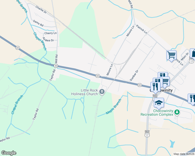 map of restaurants, bars, coffee shops, grocery stores, and more near 617 North Carolina 33 in Chocowinity