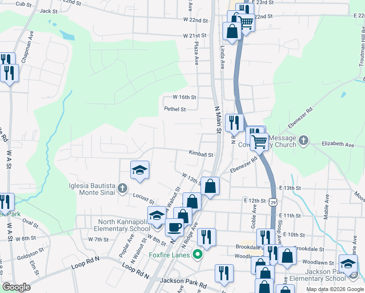 map of restaurants, bars, coffee shops, grocery stores, and more near 219 Kimball Street in Kannapolis