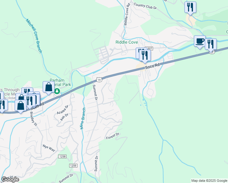 map of restaurants, bars, coffee shops, grocery stores, and more near 24 Cricket Lane in Maggie Valley