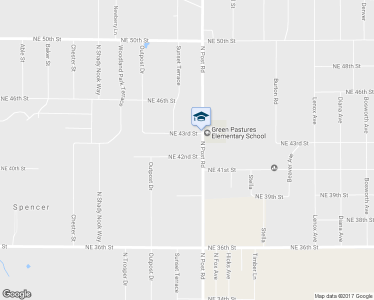 map of restaurants, bars, coffee shops, grocery stores, and more near 9801 Northeast 42nd Street in Spencer
