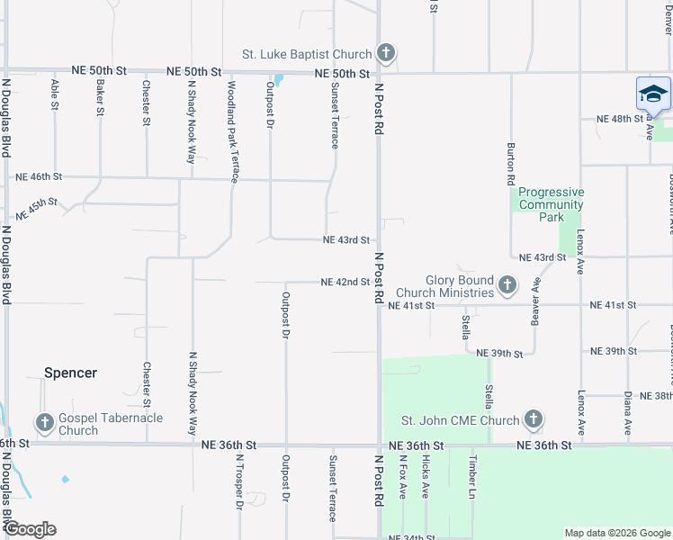 map of restaurants, bars, coffee shops, grocery stores, and more near 9801 Northeast 42nd Street in Spencer