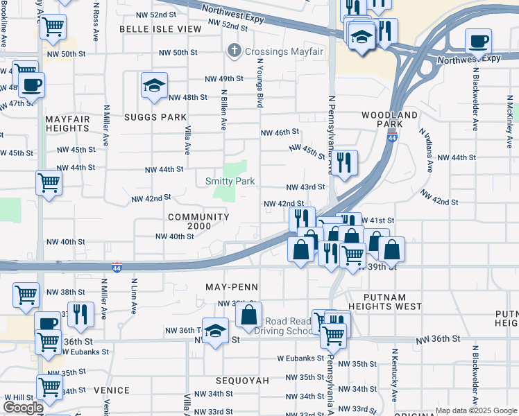 map of restaurants, bars, coffee shops, grocery stores, and more near 4201 North Youngs Boulevard in Oklahoma City