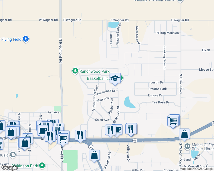 map of restaurants, bars, coffee shops, grocery stores, and more near 501 Palais Drive in Yukon