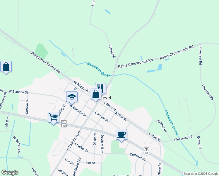 map of restaurants, bars, coffee shops, grocery stores, and more near 316 North Peedin Avenue in Pine Level