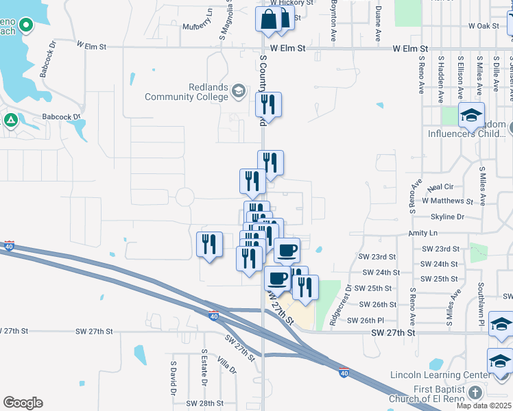 map of restaurants, bars, coffee shops, grocery stores, and more near 1703 Investors Avenue in El Reno