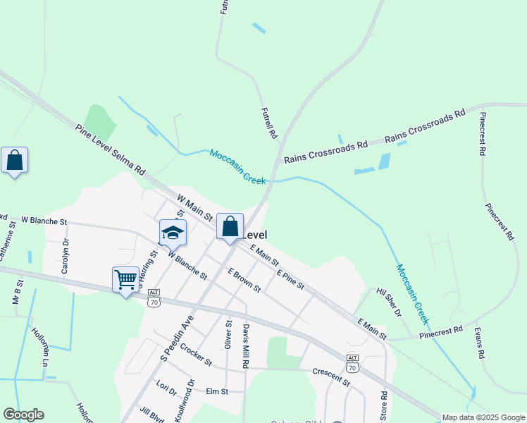 map of restaurants, bars, coffee shops, grocery stores, and more near 316 North Peedin Avenue in Pine Level