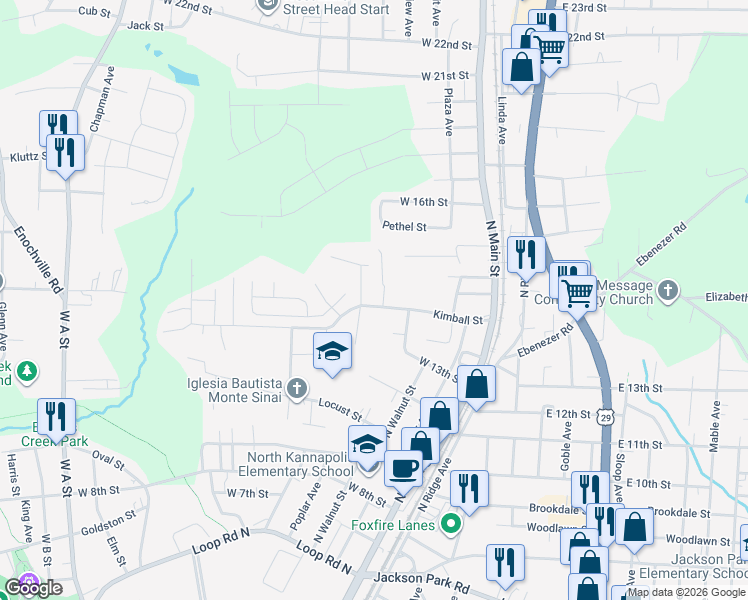 map of restaurants, bars, coffee shops, grocery stores, and more near 1400 Gary Street in Kannapolis