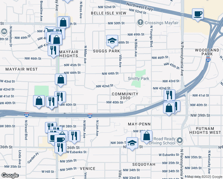 map of restaurants, bars, coffee shops, grocery stores, and more near 2508 Northwest 41st Street in Oklahoma City