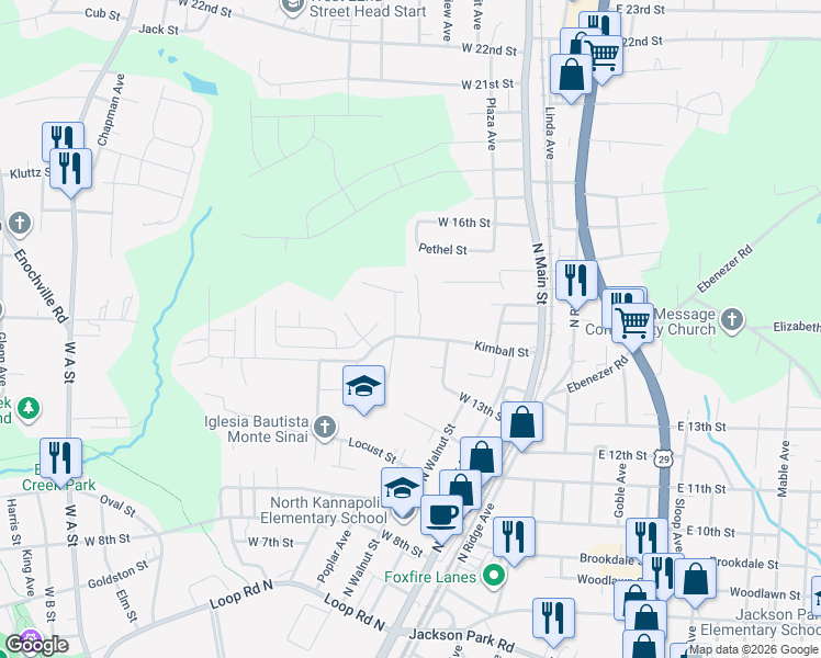 map of restaurants, bars, coffee shops, grocery stores, and more near 1400 Gary Street in Kannapolis