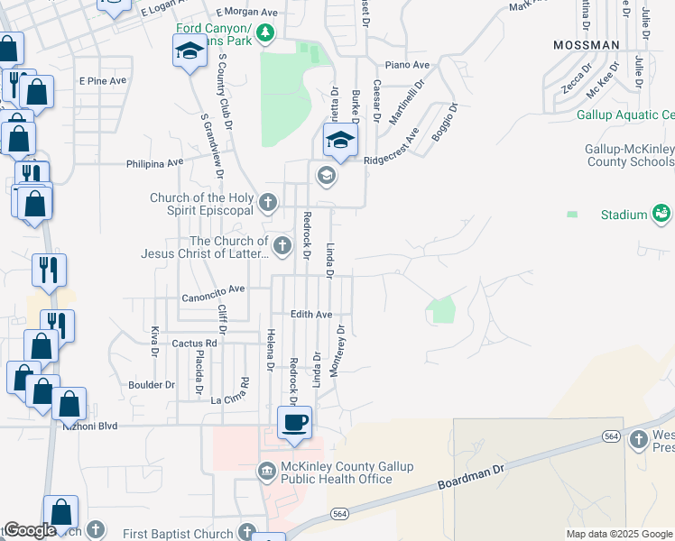 map of restaurants, bars, coffee shops, grocery stores, and more near 1419 Linda Drive in Gallup