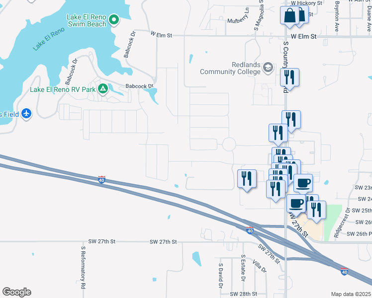 map of restaurants, bars, coffee shops, grocery stores, and more near 1758 Eighty-Niner Ter in El Reno