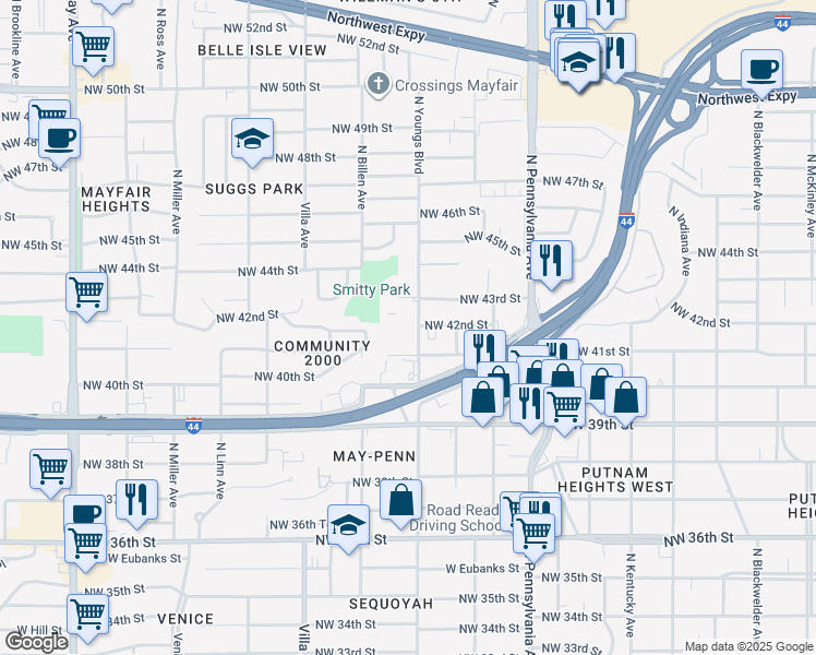 map of restaurants, bars, coffee shops, grocery stores, and more near 4201 North Youngs Boulevard in Oklahoma City