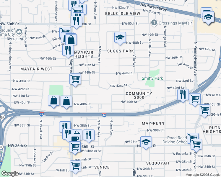 map of restaurants, bars, coffee shops, grocery stores, and more near 2614 Northwest 42nd Street in Oklahoma City