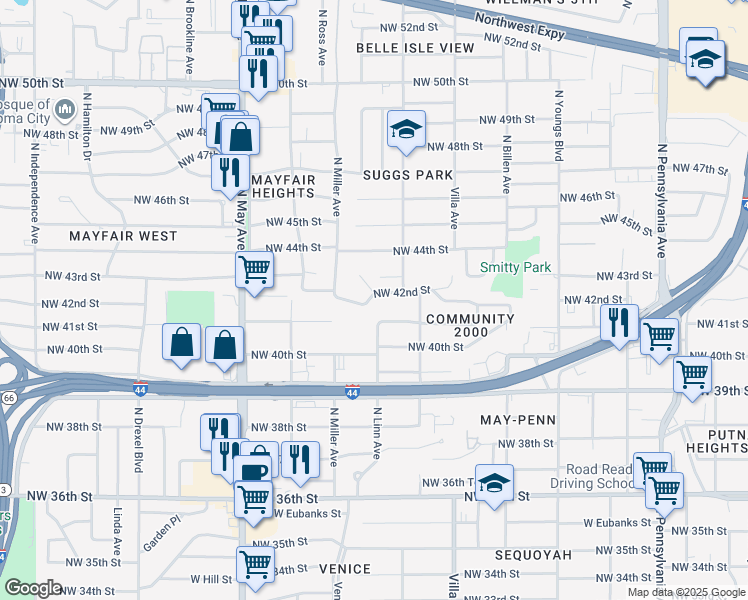 map of restaurants, bars, coffee shops, grocery stores, and more near 2614 Northwest 42nd Street in Oklahoma City