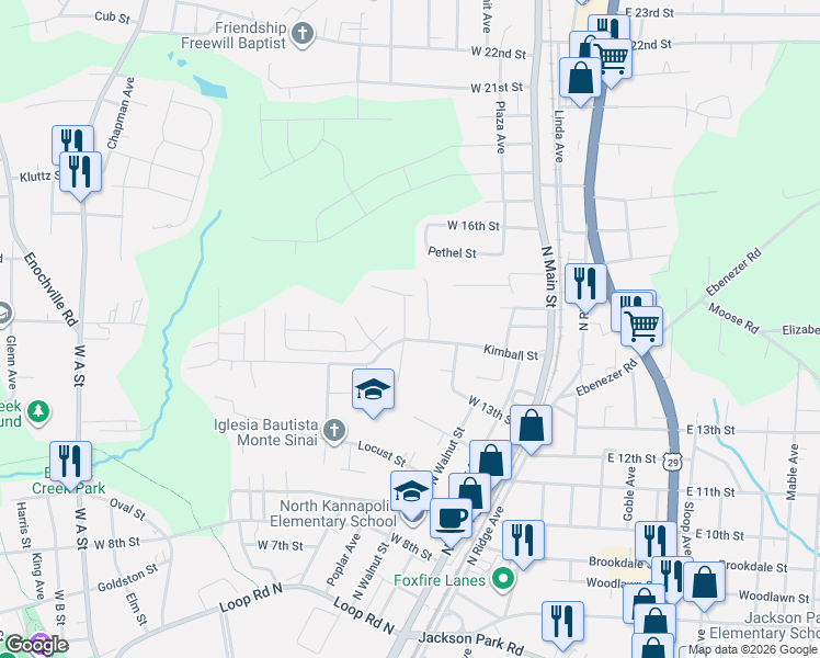 map of restaurants, bars, coffee shops, grocery stores, and more near 1400 Gary Street in Kannapolis