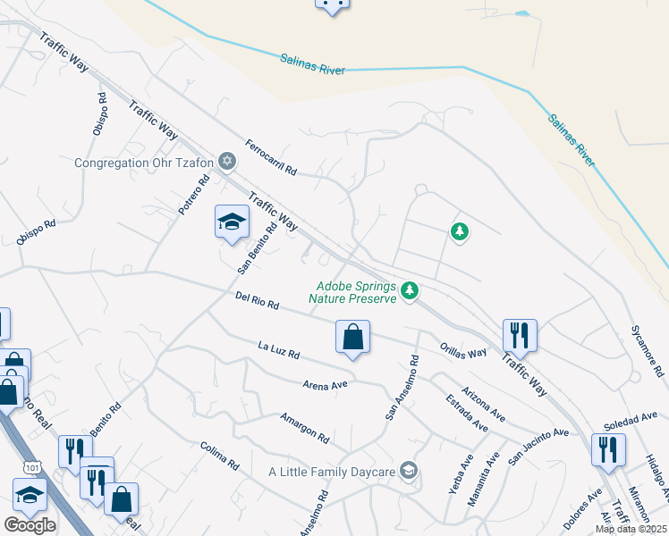 map of restaurants, bars, coffee shops, grocery stores, and more near 3350 Chico Road in Atascadero