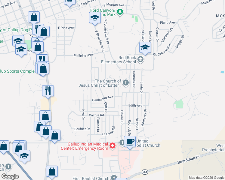map of restaurants, bars, coffee shops, grocery stores, and more near 599-699 Canoncito Avenue in Gallup