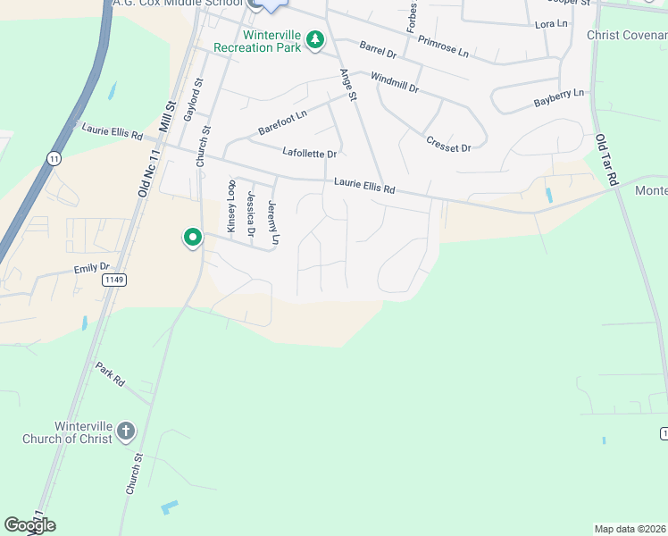 map of restaurants, bars, coffee shops, grocery stores, and more near 340 Daisy Lane in Winterville