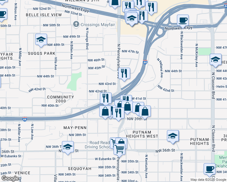 map of restaurants, bars, coffee shops, grocery stores, and more near 2143 West I 44 Service Road in Oklahoma City