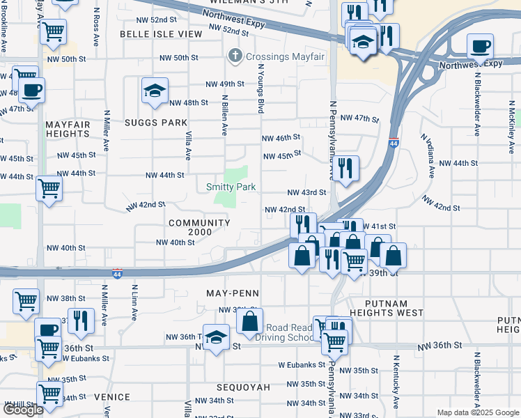 map of restaurants, bars, coffee shops, grocery stores, and more near 4201 North Youngs Boulevard in Oklahoma City