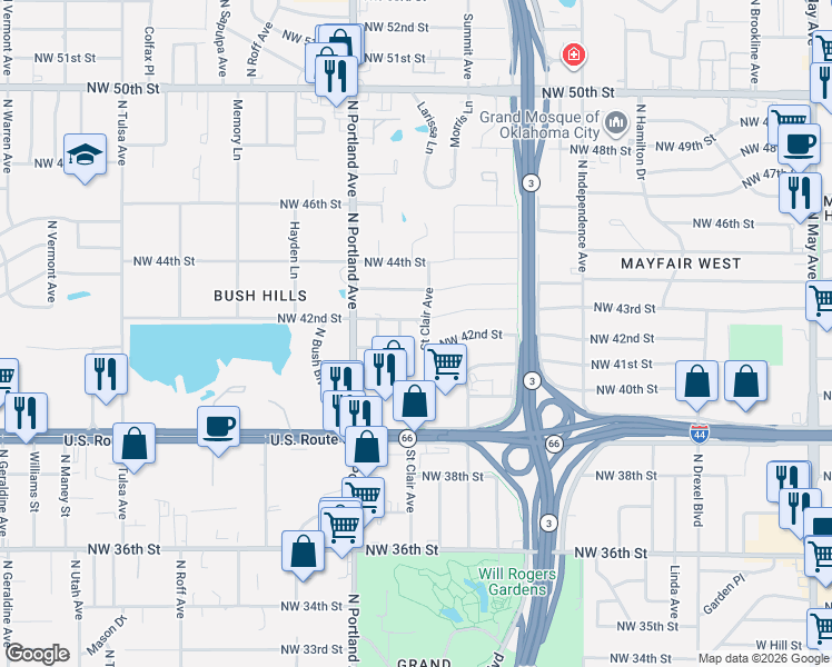 map of restaurants, bars, coffee shops, grocery stores, and more near 4305 Saint Clair Avenue in Oklahoma City