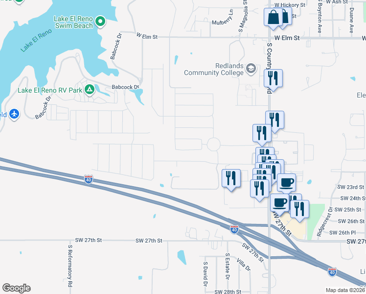 map of restaurants, bars, coffee shops, grocery stores, and more near 1852 Cypress Lane in El Reno