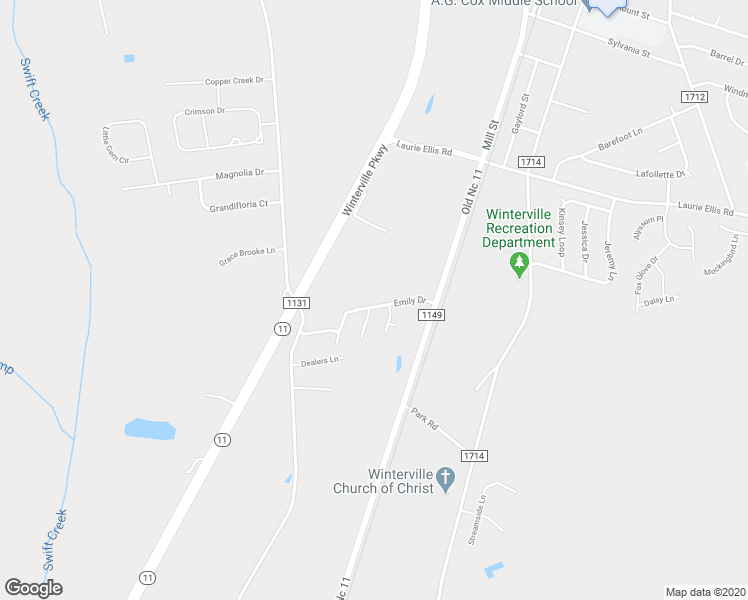 map of restaurants, bars, coffee shops, grocery stores, and more near 173 Emily Drive in Winterville