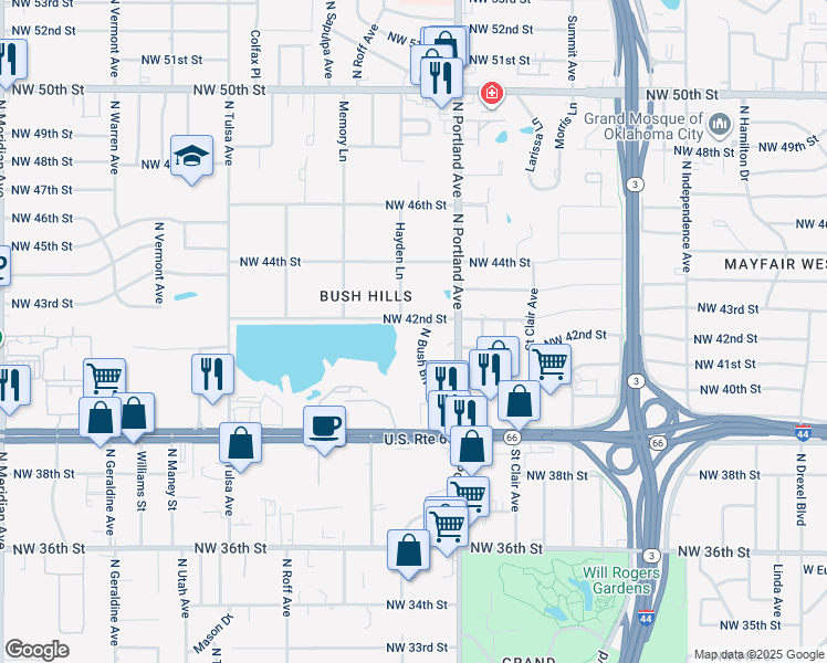 map of restaurants, bars, coffee shops, grocery stores, and more near 4201 North Bush Boulevard in Oklahoma City