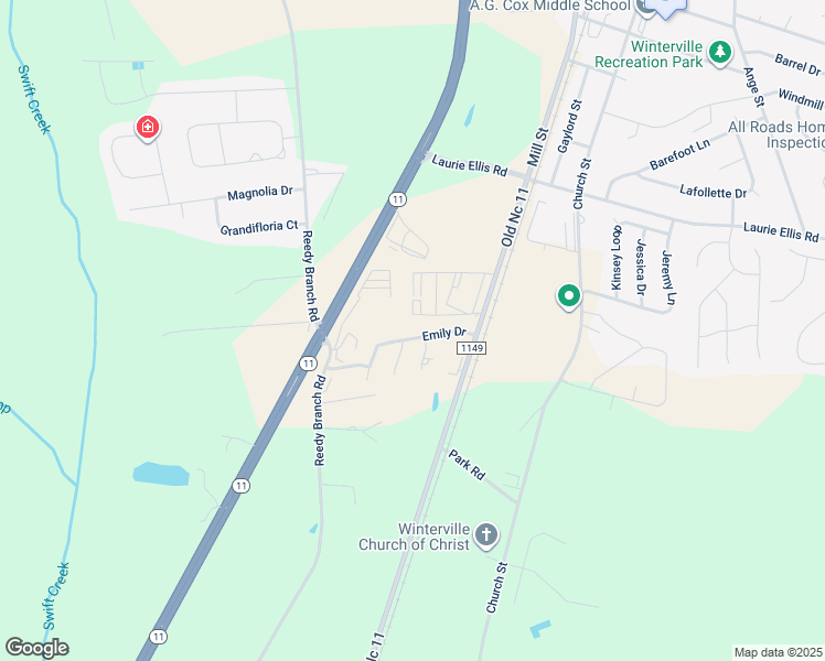 map of restaurants, bars, coffee shops, grocery stores, and more near 3015 A Cheryl Court in Winterville