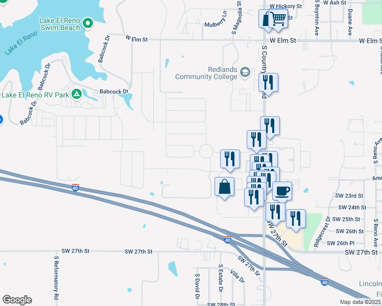 map of restaurants, bars, coffee shops, grocery stores, and more near 1757 Palomino Drive in El Reno