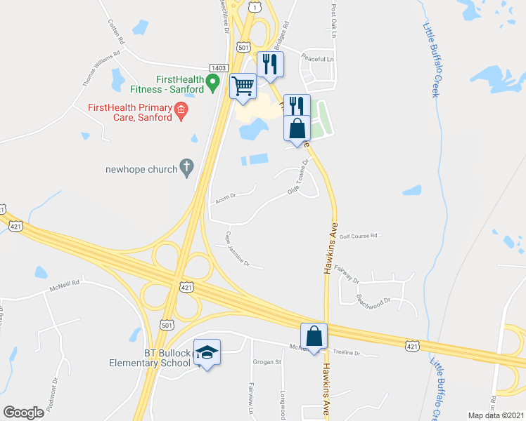 map of restaurants, bars, coffee shops, grocery stores, and more near 408 Olde Towne Drive in Sanford