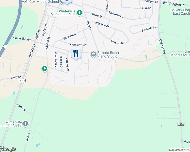 map of restaurants, bars, coffee shops, grocery stores, and more near Oakwood Drive in Winterville