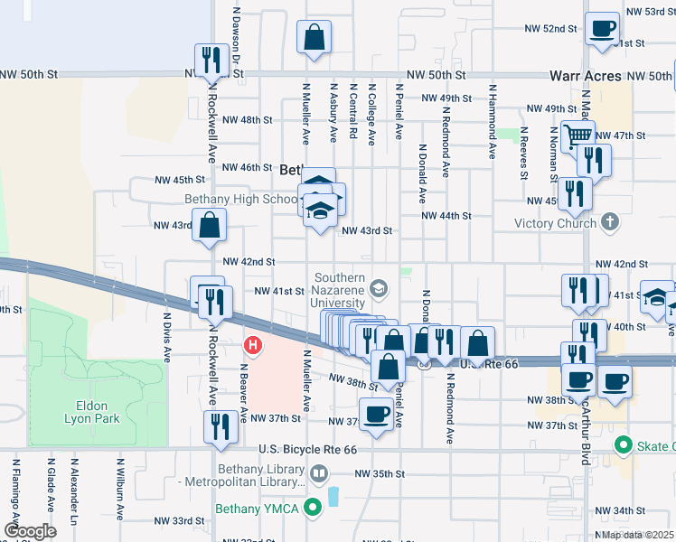 map of restaurants, bars, coffee shops, grocery stores, and more near 4306 North Asbury Avenue in Bethany