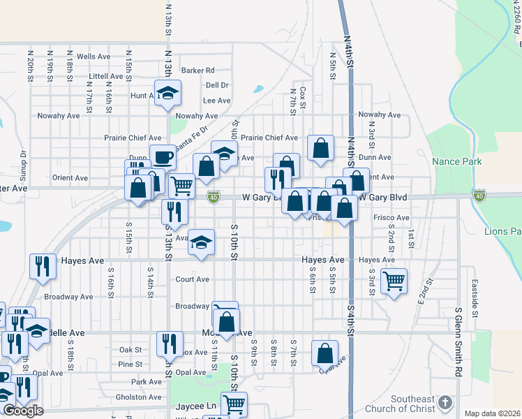 map of restaurants, bars, coffee shops, grocery stores, and more near Interstate 40 Loop in Clinton