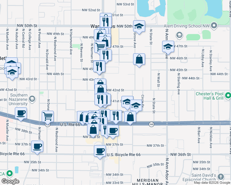 map of restaurants, bars, coffee shops, grocery stores, and more near 5721 Northwest 42nd Street in Warr Acres
